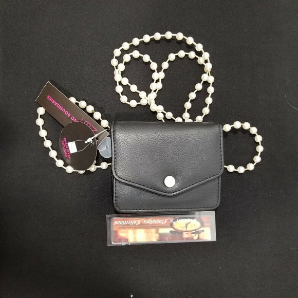 NEW No Boundaries Faux Leather Micro Snap Pearl Chain Strap Bag - Black - Picture 3 of 5